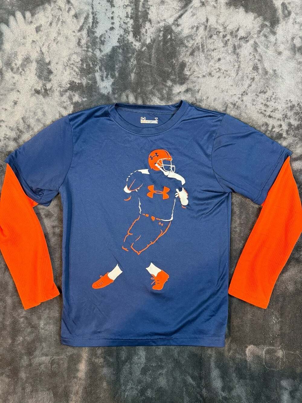 Kids Under Armour Long Sleeve Shirt Size 7 Blue Orange Football Graphic # 88